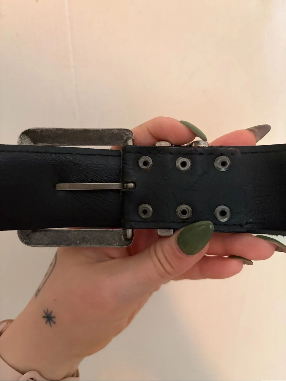 Unisex black belt with modern, brutalist silver buckle and details